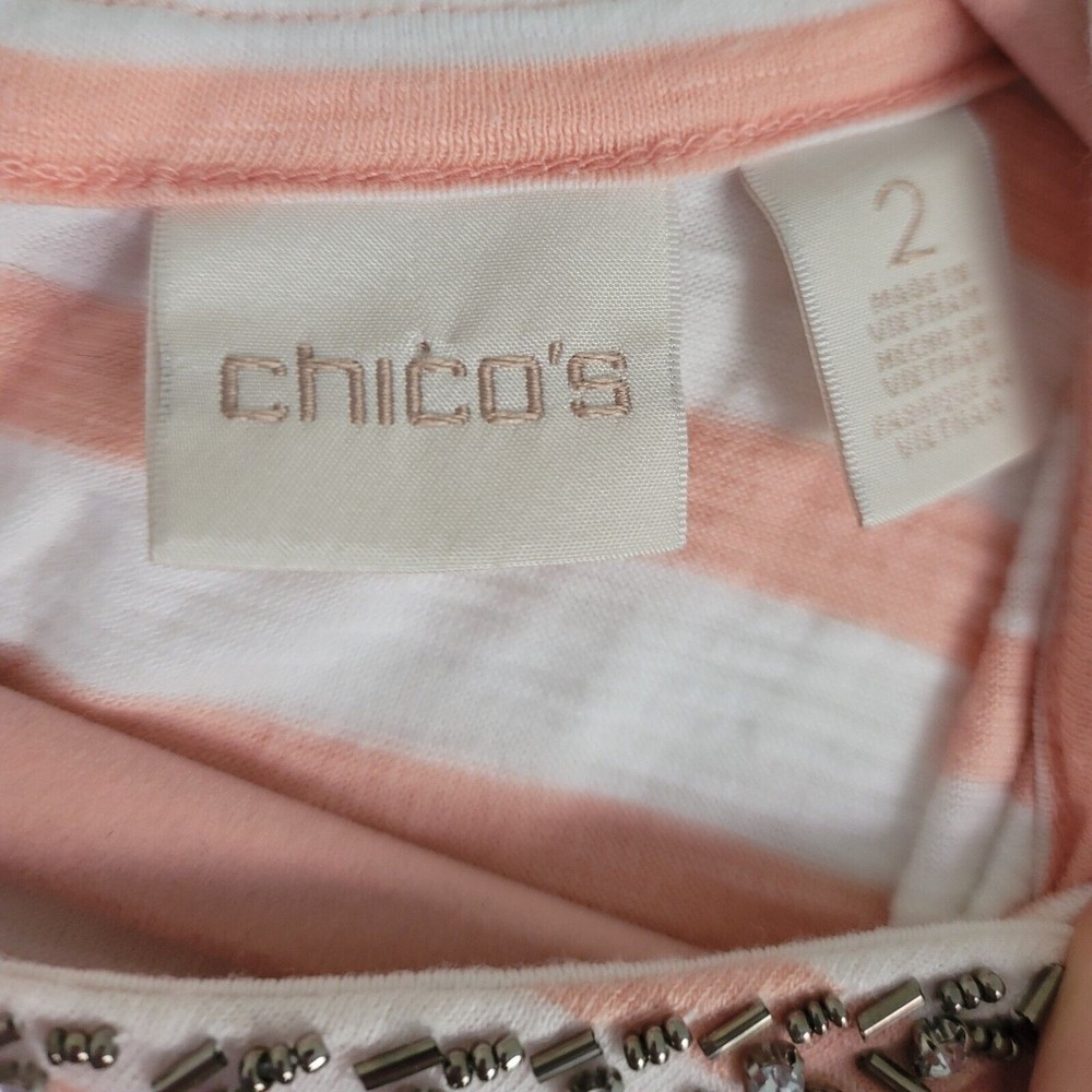 Chicos Womens 3/4 Sleeve Beaded Stripe Nautical Top Sz L Pink Tie Neck Casual - Picture 2 of 13